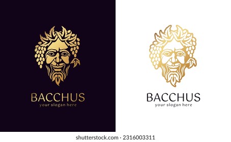Logo Bacchus or Dionysus. Man face logo with grape berries and leaves. A style for winemakers or brewers. Sign for bar and restaurant. Modern logo