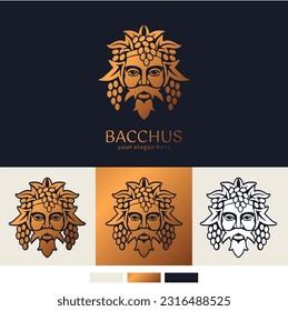 Logo Bacchus or Dionysus. Man face logo with grape berries and leaves. A style for winemakers or brewers. Sign for bar and restaurant. Modern logo