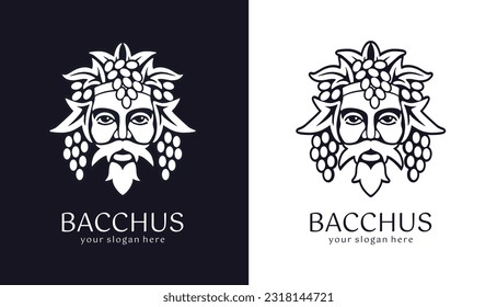 Logotipo Bacchus o Dionysus. Logo del hombre con bayas de uva y hojas. Un estilo para viticultores o cerveceros. Firma para el bar y el restaurante. Logo moderno