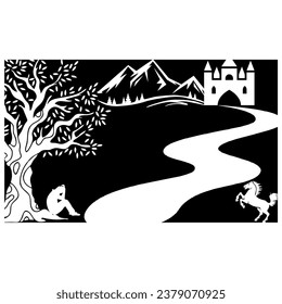 logo background icon design silhouette of mountain and castle sad man vector line art. Line texture luxury background design. Wallpaper design, banner wall art and more.