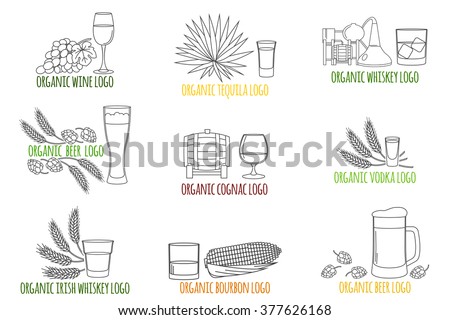 Logo, badge for alcoholic drinks. Beverage, cocktail, drinks vector thin line symbol icon. Beer, wine, cognac, vodka, whiskey, tequila, bourbon emblems.  Vector illustration.