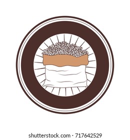 logo badge circular decorative of bag with coffee beans striped silhouette color section on white background vector illustration