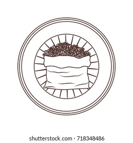 logo badge circular decorative of bag with coffee beans striped brown silhouette on white background vector illustration