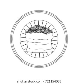 logo badge circular decorative of bag with coffee beans striped gray silhouette on white background vector illustration