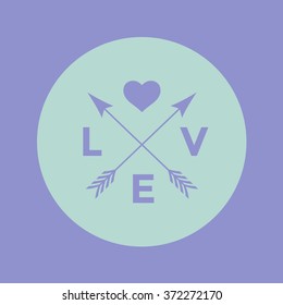 Logo badge for creative design project. Hipster emblem with arrow, heart and word Love on a turquoise and violet background. Vector illustration