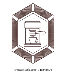 logo badge decorative of coffee espresso machine front view striped brown silhouette on white background vector illustration
