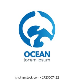 Logo badge with dolphin and ocean wave in a circular shape. Great for logos, prints, icon design.