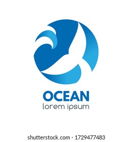 Logo badge with dolphin tail and ocean wave in a circular shape. Great for logos, prints, icon design.