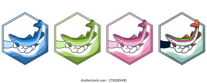 Logo, badge with fish, trout, rainbow trout, freshwater fish of the salmon family. The hand hold trout on a background of waves. Logo in the form of a rhombus in four colors on a white background.