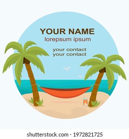 Logo or badge - hammock with palm trees on the beach with a place for your text. Tropical background with the sea - round shape. Vector flat design