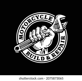 logo badge of hand grabbing a wrench in doodle vintage illustration