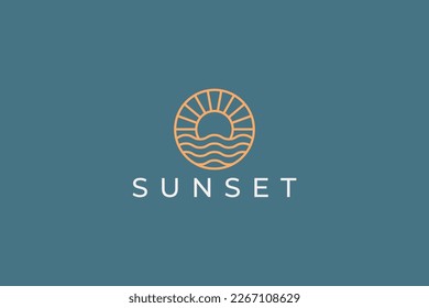 Logo-Badge Hipster Gold Sun Sunset mit Beach Ocean Sea Water Linear Outline Business Resort und Hotel