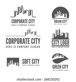 Logo or badge, label, logotype elements with buildings for web, business or other projects