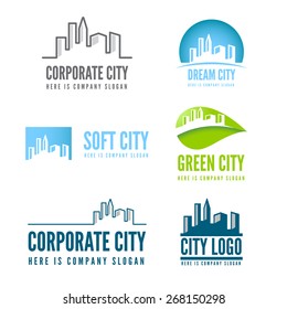 Logo or badge, label, logotype elements with buildings for web, business or other projects