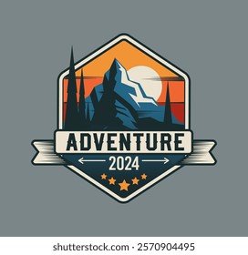 Logo badge mountain. Adventure logotype. Vintage wild nature travel emblem. Hiking or camping. Retro discovery, landscape sunset forest. Sticker design. Vector cartoon flat isolated illustration