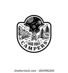 logo badge of mountain camping. with a view of the galaxy inside the bonfire smoke