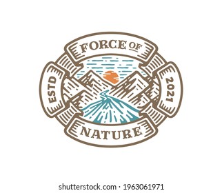 logo badge of mountain river with circle banner in vintage design illustration