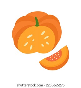 Logo, badge of a ripe orange pumpkin and a cut piece of pumpkin from it. farm vegetables.Autumn harvest. organic food. Flat vector illustration of vegetarian healthy food isolated on white background