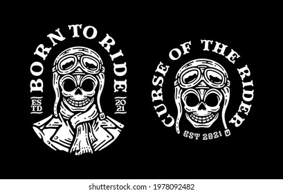 logo badge of skull face biker with scarf and helmet pilot illustration in vintage design