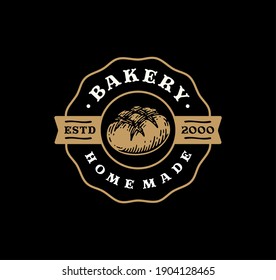 Logo Badge Of Sourdough Bread In Vintage Design. Bakery Label Design On Black Background