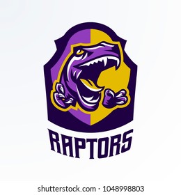 Logo, badge, sticker, dinosaur emblem and its sharp teeth. Dangerous beast, predator of the Jurassic period, extinct animal, mascot, jaw and claws. Lettering, shield, print. Vector illustration