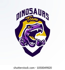 Logo, badge, sticker, dinosaur emblem and its sharp teeth. Dangerous beast, predator of the Jurassic period, extinct animal, mascot, jaw and claws. Lettering, shield, print. Vector illustration