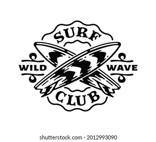 Logo badge of Surfboard in doodle vintage illustration