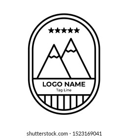 Logo Badges Mountain With Line Style. Mountain hike, mountain explore, summer camp, explore more. Modern logo and badges with mountains, peaks, trees, sun, water, the moon. Suitable for Explore Badges