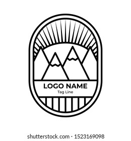 Logo Badges Mountain With Line Style. Mountain hike, mountain explore, summer camp, explore more. Modern logo and badges with mountains, peaks, trees, sun, water, the moon. Suitable for Explore Badges