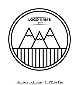 Logo Badges Mountain With Line Style. Mountain hike, mountain explore, summer camp, explore more. Modern logo and badges with mountains, peaks, trees, sun, water, the moon. Suitable for Explore Badges