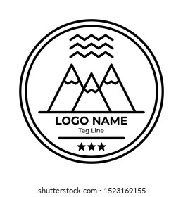 Logo Badges Mountain With Line Style. Mountain hike, mountain explore, summer camp, explore more. Modern logo and badges with mountains, peaks, trees, sun, water, the moon. Suitable for Explore Badges