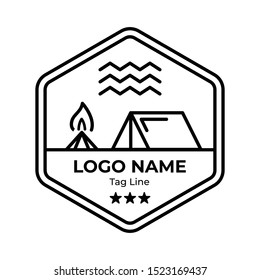 Logo Badges Mountain With Line Style. Mountain hike, mountain explore, summer camp, explore more. Modern logo and badges with mountains, peaks, trees, sun, water, the moon. Suitable for Explore Badges