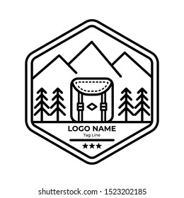 Logo Badges Mountain With Line Style. Mountain hike, mountain explore, summer camp, explore more. Modern logo and badges with mountains, peaks, trees, sun, water, the moon. Suitable for Explore Badges