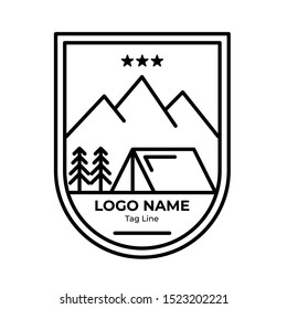 Logo Badges Mountain With Line Style. Mountain hike, mountain explore, summer camp, explore more. Modern logo and badges with mountains, peaks, trees, sun, water, the moon. Suitable for Explore Badges