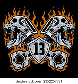 logo badges of skull piston motorcycle with burning flame illustration