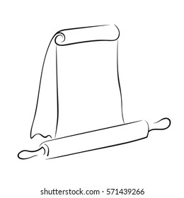 Logo bag with flour and rolling pin on a white background. Hand drawing flour bag outline. Vector illustration design logo. Logo for the bakery, confectionery, factory and cafes.