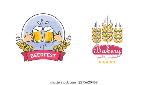 Logo bakery bread shop icon vector and beer fest premium quality brewery logotype label graphic illustration, grain wheat restaurant product badge template image