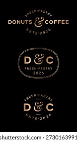 Logo para la panadería "Donuts and Coffee". Letras de oro en un icono redondeado. Señalización al estilo Antiguas.