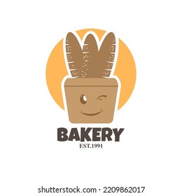 Logo bakery design with cute smile character chef icon carrying various buns symbols illustration