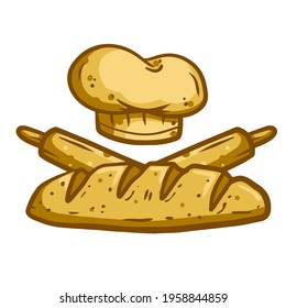 Logo of bakery. Loaf of bread. Kitchen utensils - Rolling pin. Preparation of the dough. Wooden stick and chef hat. Retro emblem. Cartoon illustration.