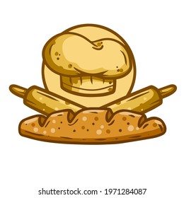 Logo of bakery. Loaf of bread. Kitchen utensils - Rolling pin. Preparation of the dough. Wooden stick and chef hat. Retro emblem. Cartoon illustration.