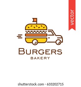 Logo for bakery, making burgers. Car and burger, vector illustration for prints.