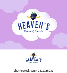 Heaven’s Logo. Bakery and pastry logo on white cream cloud. Letters and golden nimbus with blackberry.