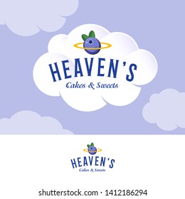 Heaven’s Logo. Bakery and pastry logo on white cream cloud. Letters and golden nimbus with blueberry.