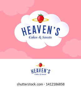 Heaven’s Logo. Bakery And Pastry Logo On White Cream Cloud. Letters And Golden Nimbus With Strawberry.