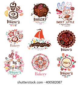 Logo of the bakery, symbols. Illustration of a confectionery. Sweet cakes candy cakes design elements. Logo handmade on the topic of sweet dessert and cakes.