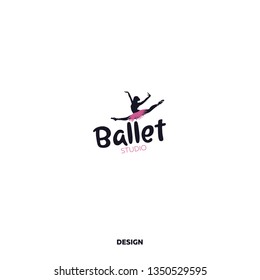 Logo for a ballet or dance studio in black and purple. Silhouette of a young girl dancer. Logo for posters, banners, signs, mobile applications. Vector illustration