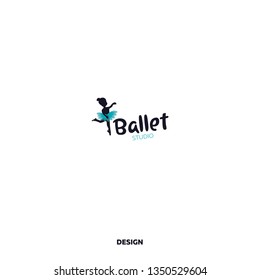 Logo for a ballet or dance studio for children in black and blue tones. Silhouette of a child dancer. Logo for posters, banners, signs, mobile applications. Vector illustration
