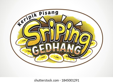 The logo for the banana chips product, reads "keripik pisang sriping gedhang" 