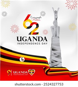 Logo banner design 62th the National Day Uganda ,happy independence day Uganda with flag ribbon ornament red, yellow, black color white isolated background vector illustration eps editable text